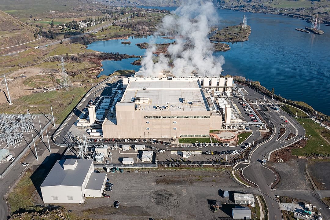 Aerial view of the Google data center along the Columbia River in Dalles, Oregon.